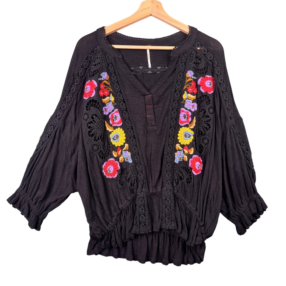 Free People Wildflower Embroidered Blouse Black Crochet Lace Boho Top XS